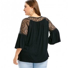 Plus Size Lace Panel Flare Sleeve T-shirt (BLACK)