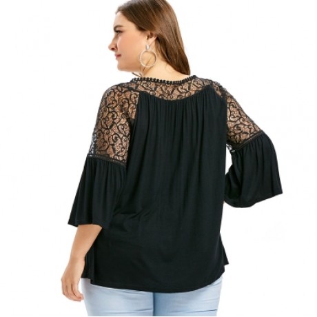 Plus Size Lace Panel Flare Sleeve T-shirt (BLACK)