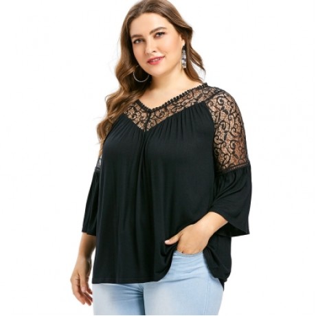 Plus Size Lace Panel Flare Sleeve T-shirt (BLACK)