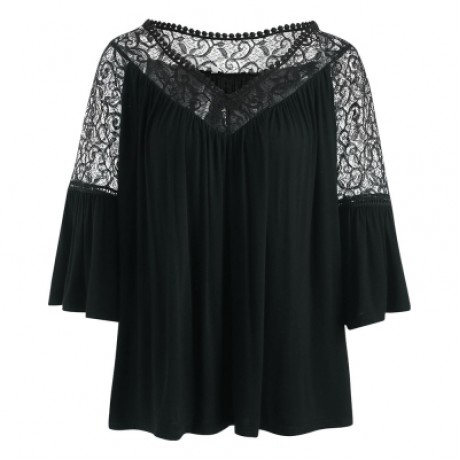 Plus Size Lace Panel Flare Sleeve T-shirt (BLACK)