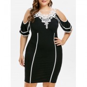 Plus Size Cold Shoulder Knee Length Fitted Dress (BLACK)
