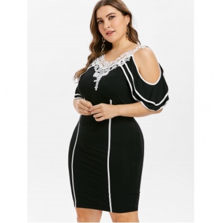 Plus Size Cold Shoulder Knee Length Fitted Dress (BLACK)
