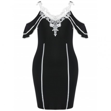 Plus Size Cold Shoulder Knee Length Fitted Dress (BLACK)