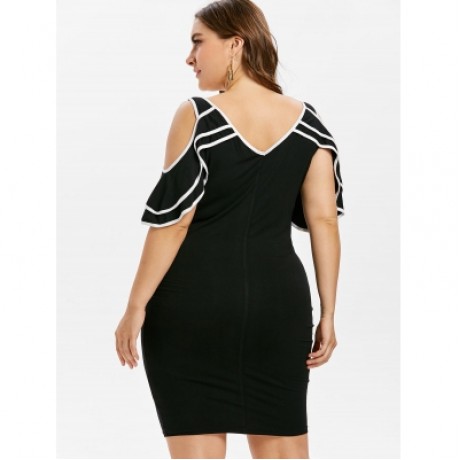 Plus Size Cold Shoulder Knee Length Fitted Dress (BLACK)