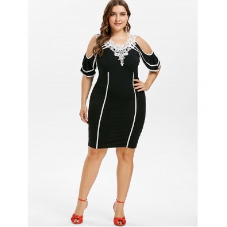 Plus Size Cold Shoulder Knee Length Fitted Dress (BLACK)