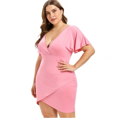 Plus Size Flare Sleeve Plunging Neck Mini Fitted Surplice Dress (LIGHT PINK)