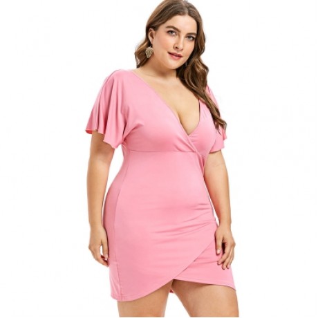 Plus Size Flare Sleeve Plunging Neck Mini Fitted Surplice Dress (LIGHT PINK)