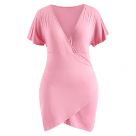 Plus Size Flare Sleeve Plunging Neck Mini Fitted Surplice Dress (LIGHT PINK)