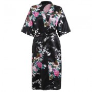 Flower Print Sleeping Robe with Belt (BLACK)