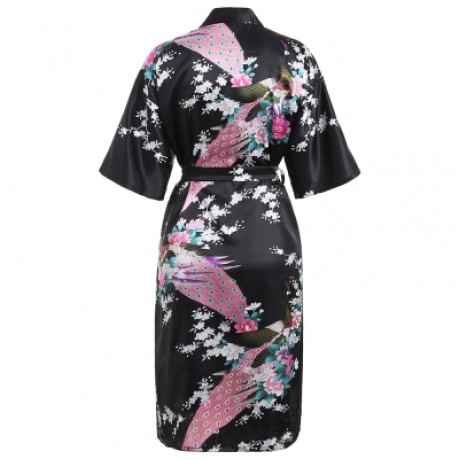 Flower Print Sleeping Robe with Belt (BLACK)
