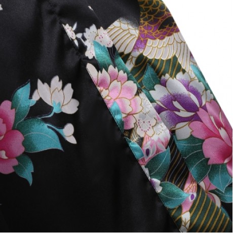 Flower Print Sleeping Robe with Belt (BLACK)