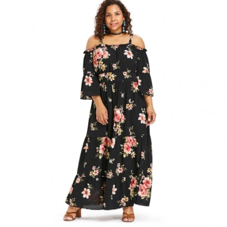 Plus Size Floral Cold Shoulder Ruffle Dress (BLACK)