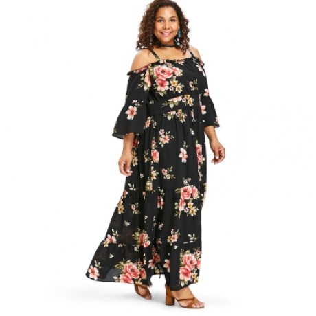 Plus Size Floral Cold Shoulder Ruffle Dress (BLACK)