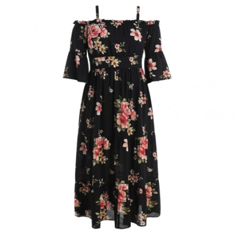 Plus Size Floral Cold Shoulder Ruffle Dress (BLACK)