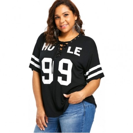 Letter Print Plus Size Criss Cross Color Blocking T-shirt (BLACK)