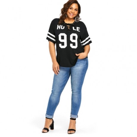 Letter Print Plus Size Criss Cross Color Blocking T-shirt (BLACK)