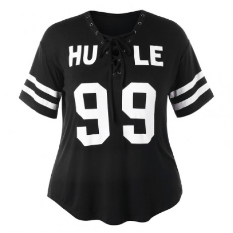 Letter Print Plus Size Criss Cross Color Blocking T-shirt (BLACK)