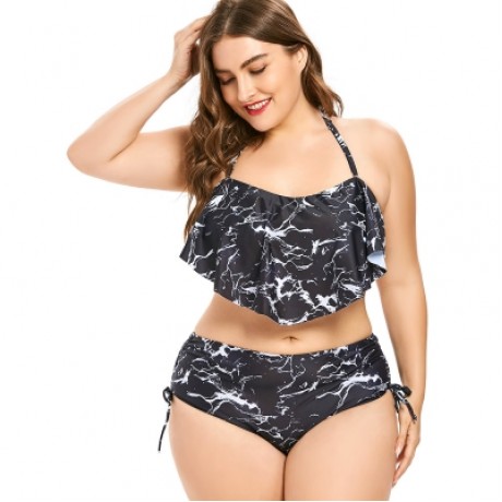 Plus Size Marble Print High Waisted Bikini Set (BLACK)