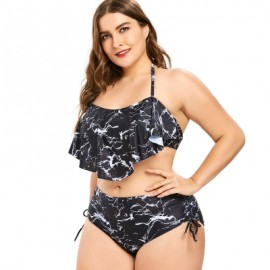 Plus Size Marble Print High Waisted Bikini Set (BLACK)