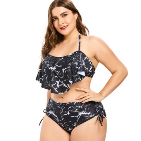 Plus Size Marble Print High Waisted Bikini Set (BLACK)