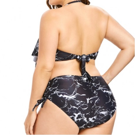 Plus Size Marble Print High Waisted Bikini Set (BLACK)