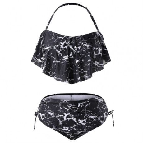 Plus Size Marble Print High Waisted Bikini Set (BLACK)