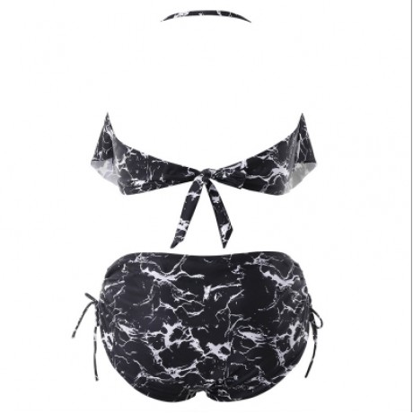 Plus Size Marble Print High Waisted Bikini Set (BLACK)