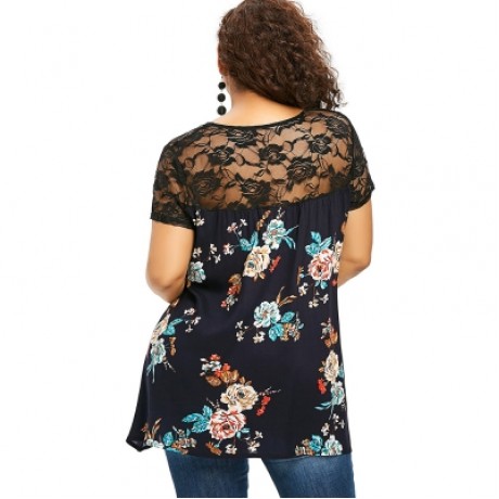 Lace Trim Plus Size Blossom Blouse (MIDNIGHT BLUE)