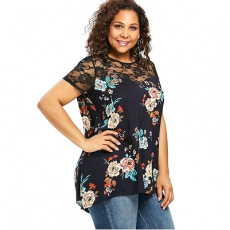 Lace Trim Plus Size Blossom Blouse (MIDNIGHT BLUE)
