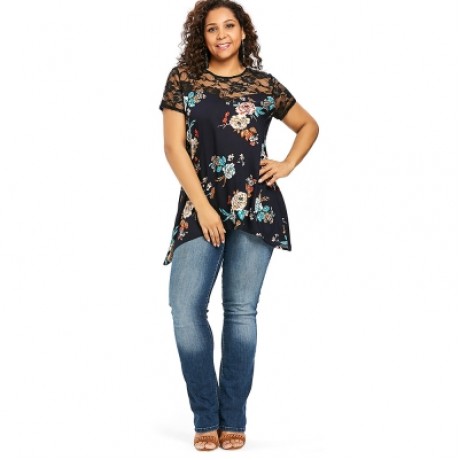 Lace Trim Plus Size Blossom Blouse (MIDNIGHT BLUE)