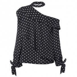 Halter Asymmetrical Shoulder Long Sleeve Tied Bowknot Dotted Women Blouse (BLACK)