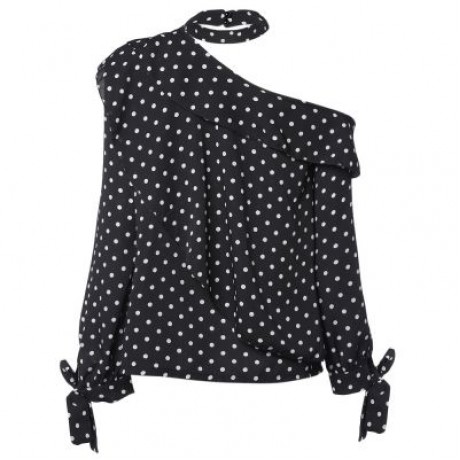 Halter Asymmetrical Shoulder Long Sleeve Tied Bowknot Dotted Women Blouse (BLACK)