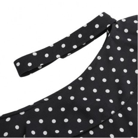 Halter Asymmetrical Shoulder Long Sleeve Tied Bowknot Dotted Women Blouse (BLACK)
