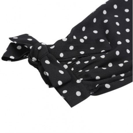 Halter Asymmetrical Shoulder Long Sleeve Tied Bowknot Dotted Women Blouse (BLACK)
