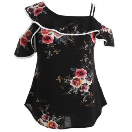 Women Chiffon Blouse One Shoulder Ruffled Spaghetti Straps Shirt Floral Tops (NIGHT)