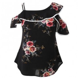 Women Chiffon Blouse One Shoulder Ruffled Spaghetti Straps Shirt Floral Tops (NIGHT)