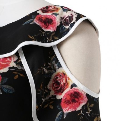 Women Chiffon Blouse One Shoulder Ruffled Spaghetti Straps Shirt Floral Tops (NIGHT)