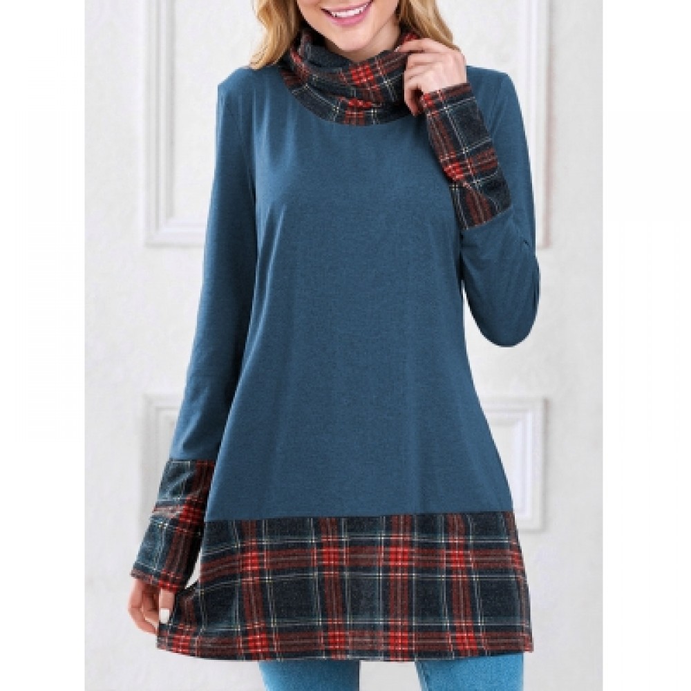Turtleneck Plaid Insert Sweatshirt (BLUE)