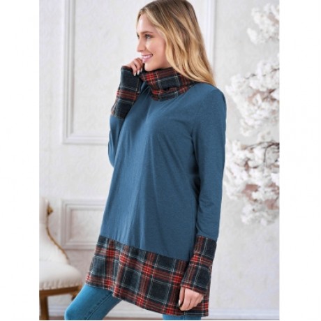 Turtleneck Plaid Insert Sweatshirt (BLUE)