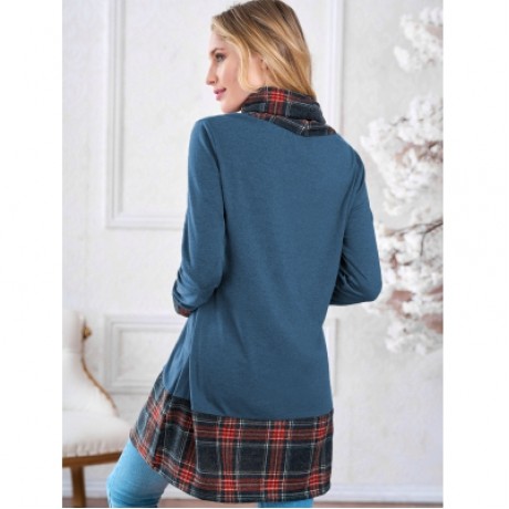 Turtleneck Plaid Insert Sweatshirt (BLUE)