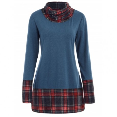 Turtleneck Plaid Insert Sweatshirt (BLUE)