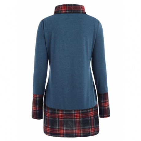 Turtleneck Plaid Insert Sweatshirt (BLUE)