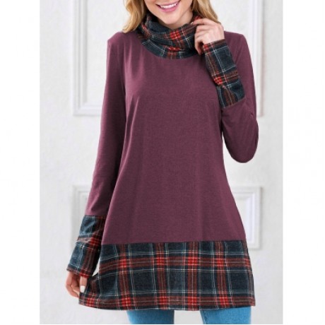 TURTLENECK PLAID INSERT SWEATSHIRT (PURPLE)