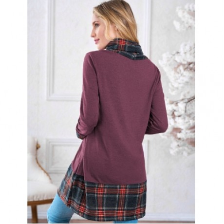 TURTLENECK PLAID INSERT SWEATSHIRT (PURPLE)