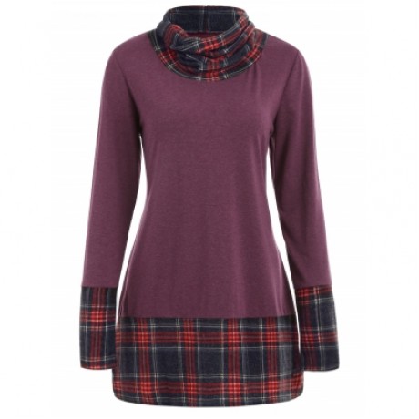 TURTLENECK PLAID INSERT SWEATSHIRT (PURPLE)