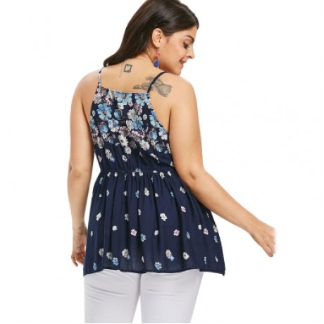 Elastic Waist Plus Size Floral Print Cami Top (CADETBLUE)