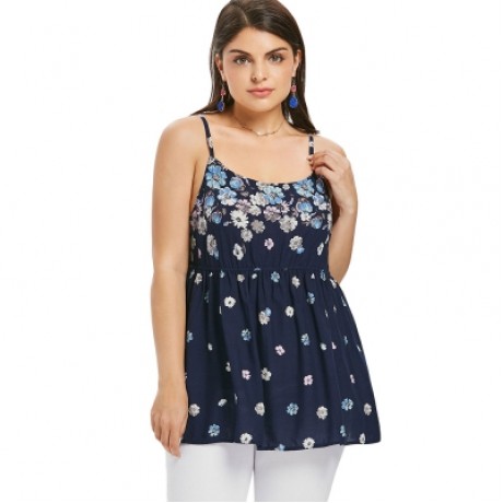 Elastic Waist Plus Size Floral Print Cami Top (CADETBLUE)