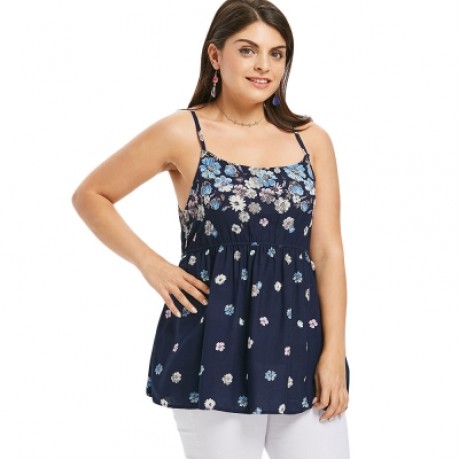 Elastic Waist Plus Size Floral Print Cami Top (CADETBLUE)