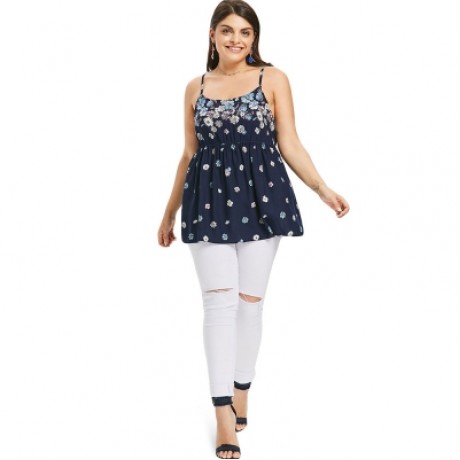 Elastic Waist Plus Size Floral Print Cami Top (CADETBLUE)