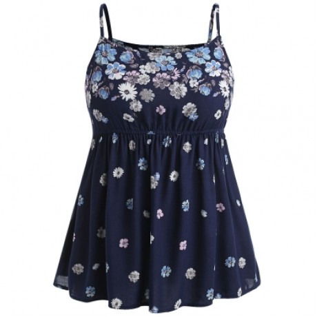 Elastic Waist Plus Size Floral Print Cami Top (CADETBLUE)
